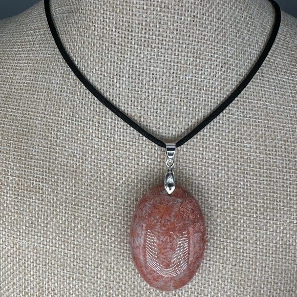 Orange and Pink/Lavender Coral Fossil Oval Pendant on Black Satin Rope - Picture 6 of 12